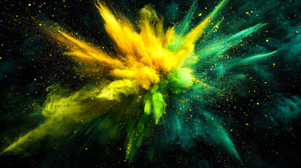 Fototapeta premium Green eco background. A colorful yellow-green-light green explosion in the black starry sky. A bright explosion of powdered holi paints