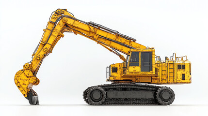Fototapeta premium A detailed side view of a yellow excavator showcasing its powerful arm and robust design, ideal for construction and heavy machinery imagery.