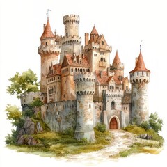 Fototapeta premium Fairy tale castle with turrets, surrounded by nature.