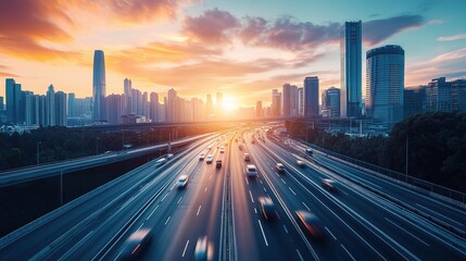 Fototapeta premium Sunset Cityscape with Busy Traffic and Skyline