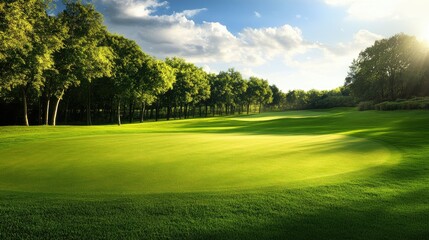 Obraz premium Expansive golf field with perfect green grass and a backdrop of lush woods, creating a peaceful outdoor setting.