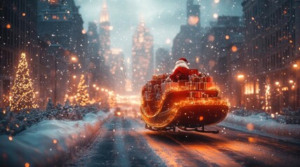 illustration of santa clauss sleigh packed with gifts, city skyline backdrop, street lights and snow, glowing edges, energetic and festive composition.
