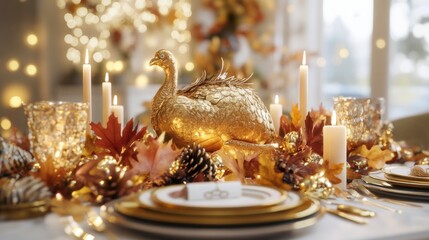 A 3D Thanksgiving table setting with a golden turkey centerpiece, autumn leaves, and festive