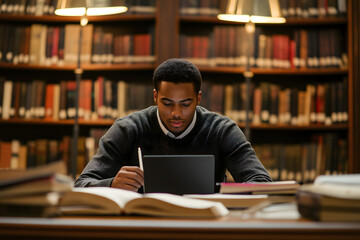 A focused college student in a library, sitting at a desk with books and a laptop, taking notes, surrounded by bookshelves in the background