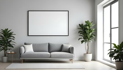 A minimalist living room with a large blank frame on the wall, a gray sofa, and a potted plant.