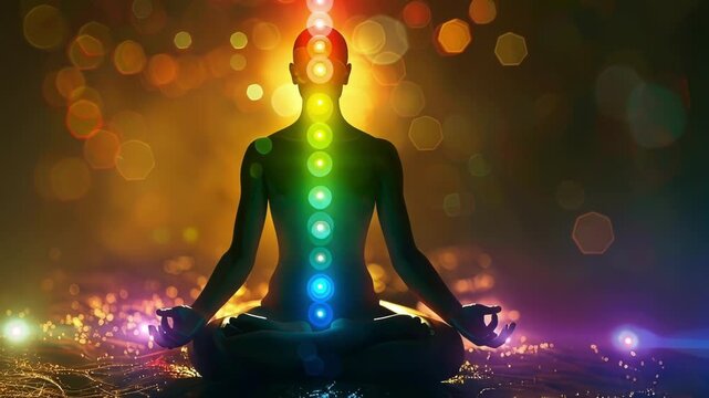 Silhouette of a person meditating with colorful lights surrounding them, showing their aura and chakras. The concept of energy, chakras, meditation and well being