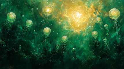 Fototapeta premium A mesmerizing underwater scene with glowing jellyfish and vibrant green hues, capturing the essence of a magical ocean world.