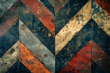 Close-up of rustic wooden planks arranged in a chevron pattern, featuring weathered paint in vibrant colors.