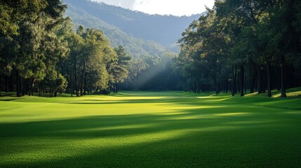 Obraz premium Golf field with neatly trimmed grass and dense woods on the outskirts, providing a serene and picturesque backdrop.