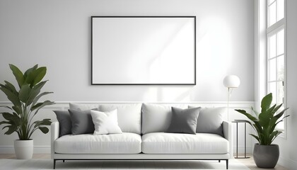 A modern living room with a gray sofa, white throw pillows, and a large blank white frame on the wall.