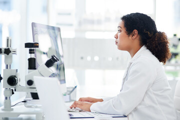 Typing, review or woman on computer for science breakthrough, clinical trial or discovery. Online,...