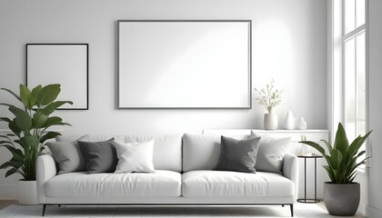 A modern living room with a gray sofa, white throw pillows, and a large blank white frame on the wall.