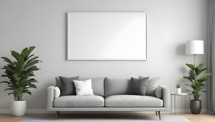 A modern living room with a gray sofa, white throw pillows, and a large blank white frame on the wall.