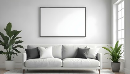 A modern living room with a gray sofa, white throw pillows, and a large blank white frame on the wall.