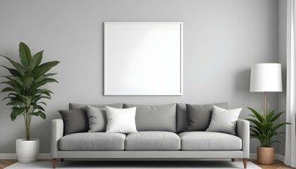 A modern living room with a gray sofa, white throw pillows, and a large blank white frame on the wall.