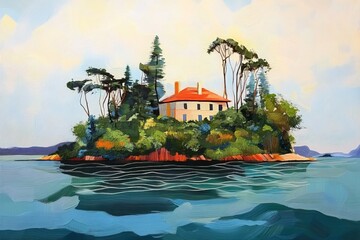 Coastal architecture depicted in outdoor painting.