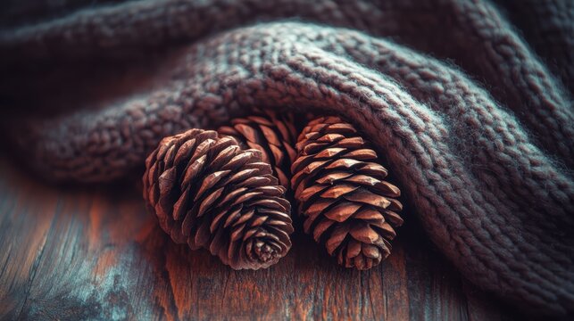 Cozy autumn vibes with pine cones knitted sweater texture
