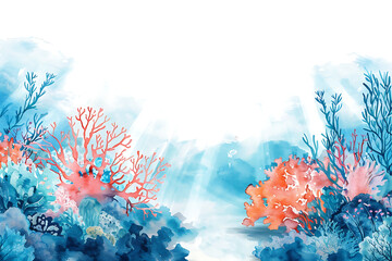 Beautiful colorful underwater world watercolor deep white background for print design.