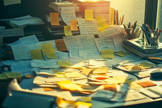 Messy Spread of Notes, Reports, and Printed Emails Indicating a Busy Work Environment