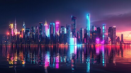 Fototapeta premium Vibrant Cityscape at Night with Reflective Waters