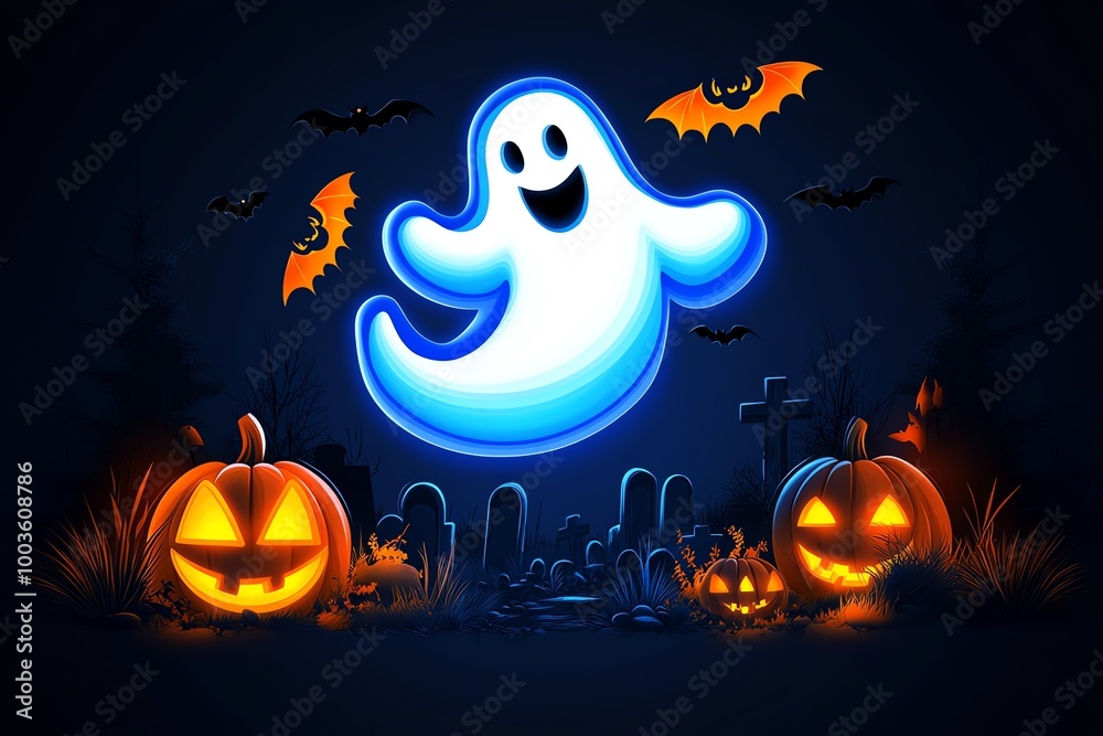Aufkleber Simple ghost outline in a Halloween setting, floating above a graveyard in a clean, minimalist style