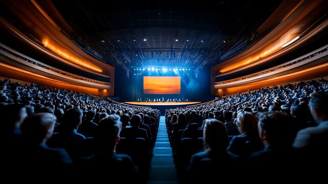 Audience attending a performance in a modern auditorium with stage lights.