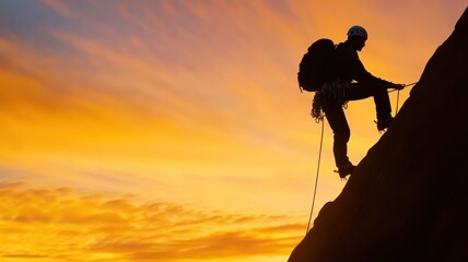 Climber scaling a rock face at sunset against a vibrant sky.