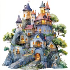 Whimsical castle, intricate design, isolated on white background.