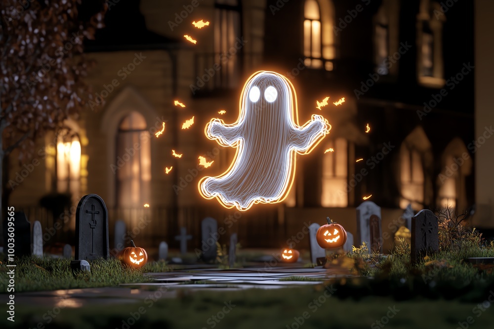 Aufkleber simple ghost outline in a halloween setting, floating above a graveyard in a clean, minimalist style