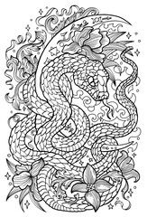 Hand drawn line art illustration with moon, flowers and snake - symbol of the year according to eastern horoscope. Graphic artwork for coloring page. Esoteric, gothic and mystic concept