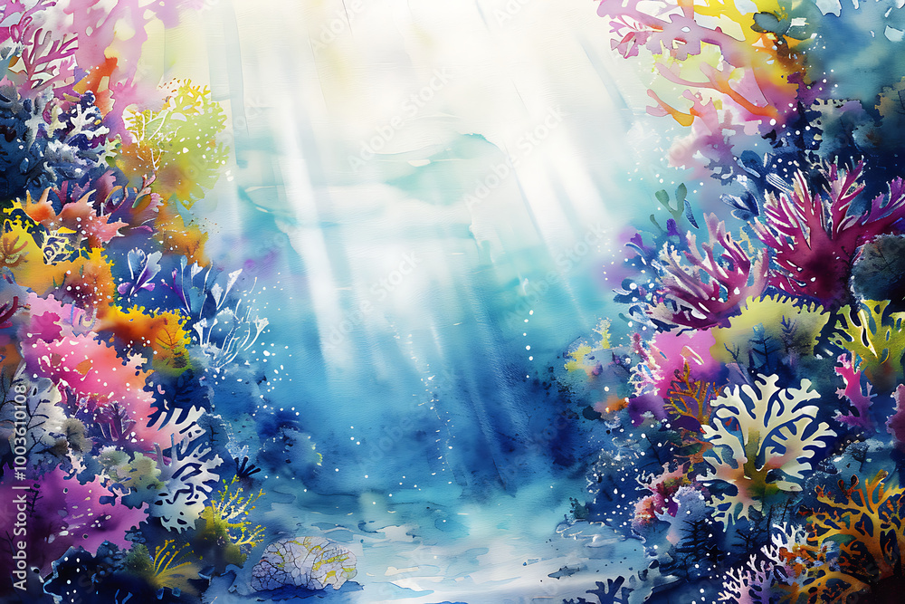 Wall mural Beautiful colorful underwater world watercolor deep white background for print design.