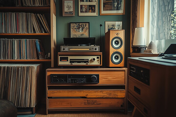 Fototapeta premium Vintage Audio Setup with a Cassette Player and Vinyl Records Embracing Retro Vibes