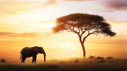 Obraz premium Majestic elephant silhouette against a vivid African sunset, casting dramatic shadows beside a lone tree on the horizon, embodying the beauty of wildlife and nature's tranquility