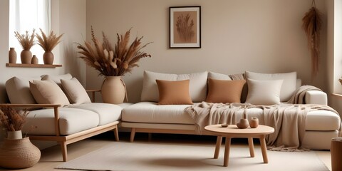 A cozy living room with a beige sofa, a wooden stool, and various decorative elements such as dried flowers, vases, and a plush blanket.