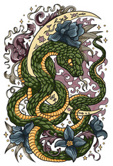 Hand drawn colorful illustration with moon, flowers and snake - symbol of the year according to eastern horoscope. Esoteric, gothic and mystic graphic artwork