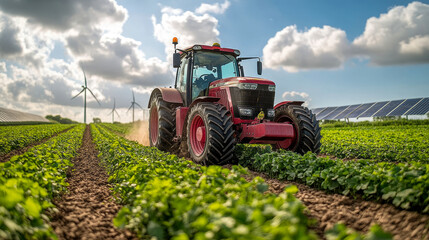 Red tractor working in a sunny field with clean energy from solar panels and wind turbines in the background