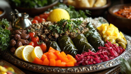 A beautifully arranged platter of dolmades, wrapped in vine leaves and filled with vibrant green olives, red tomatoes cut into small pieces. Created with Ai