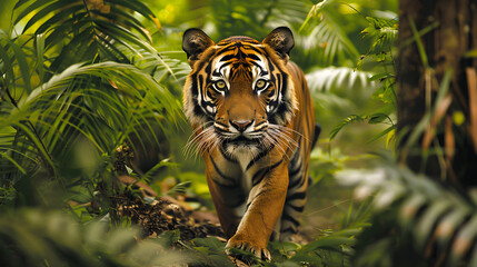 Obraz premium A magnificent tiger stealthily roaming the lush jungle under the cover of darkness.