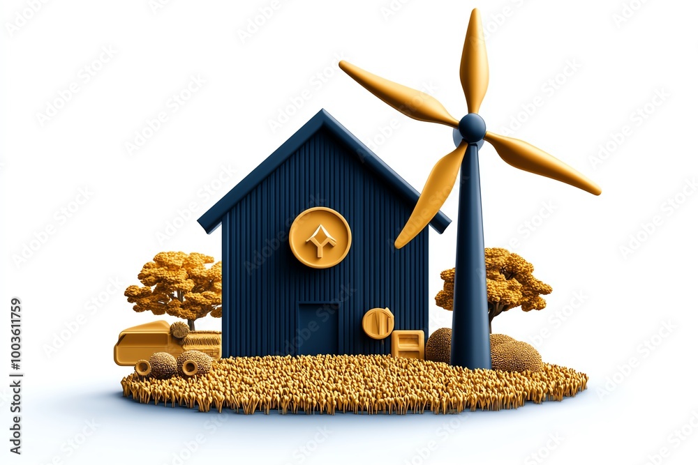 Poster Simple wind turbine and farm icon, representing clean energy integration in rural development using abstract shapes