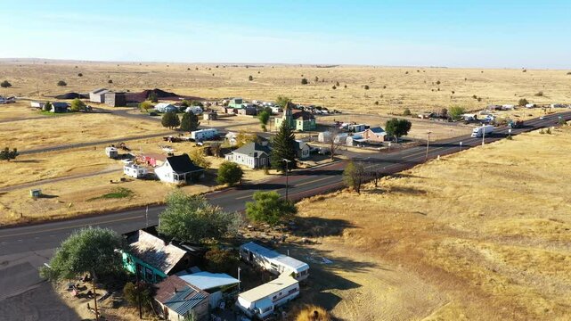 4k Aerial drone video footage of the abandoned, famous ghost town Shaniko in Central Oregon in a desert area. Captured during fall season. 