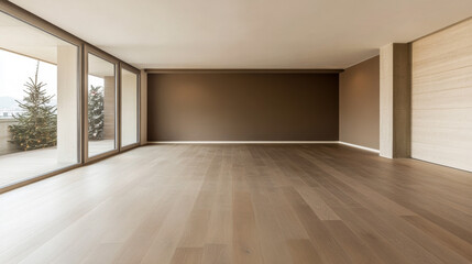 Obraz premium Spacious modern living area with wooden flooring and large windows showcasing a minimalist design aesthetic