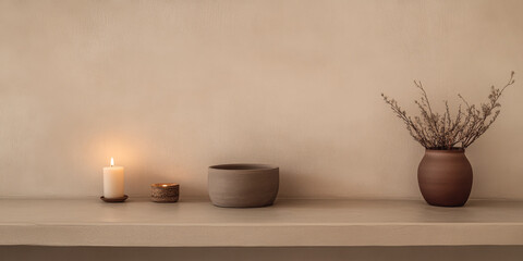 A tranquil shelf display with candles, a clay bowl, and a vase of dried flowers against a warm, neutral background
