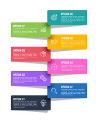Fototapeta premium 8 process vertical infographic colorful label design. Business presentation, list, banner, brochure, strategy and planning. Vector illustration.