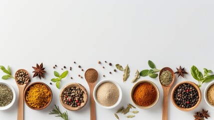 A variety of spices are displayed in wooden bowls on a white background