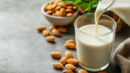 A vibrant scene featuring almond milk being poured into a glass, with whole almonds and a small bowl of almonds in the background, emphasizing a nutritious lifestyle.