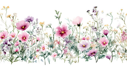 Watercolor seamless border with pink poppy flowers, delicate floral pattern, botanical design, soft pastel colors, green foliage, meadow flowers, hand-painted wildflowers, floral wallpaper