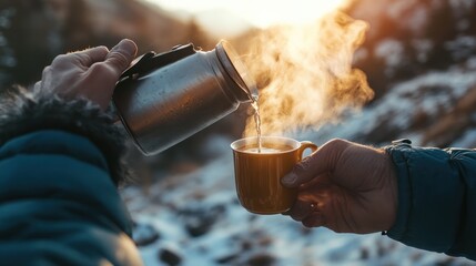 Fototapeta premium A person pours steaming hot beverage from a thermos into a cup in a scenic outdoor setting.
