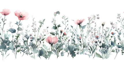 Watercolor seamless border with pink poppy flowers, delicate floral pattern, botanical design, soft pastel colors, green foliage, meadow flowers, hand-painted wildflowers, floral wallpaper