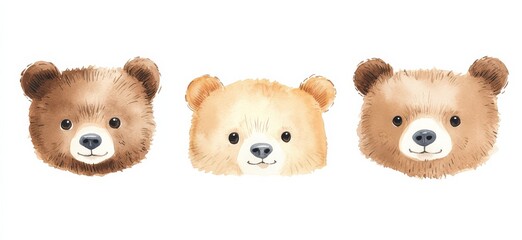 Watercolor illustration of five adorable tiny bear heads, featuring a divider design on a white background.