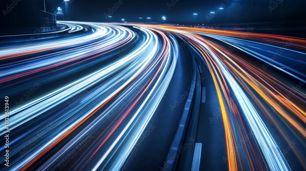 Poster abstract motion blurred lines and curves on a dark background, showcasing dynamic light trails creat